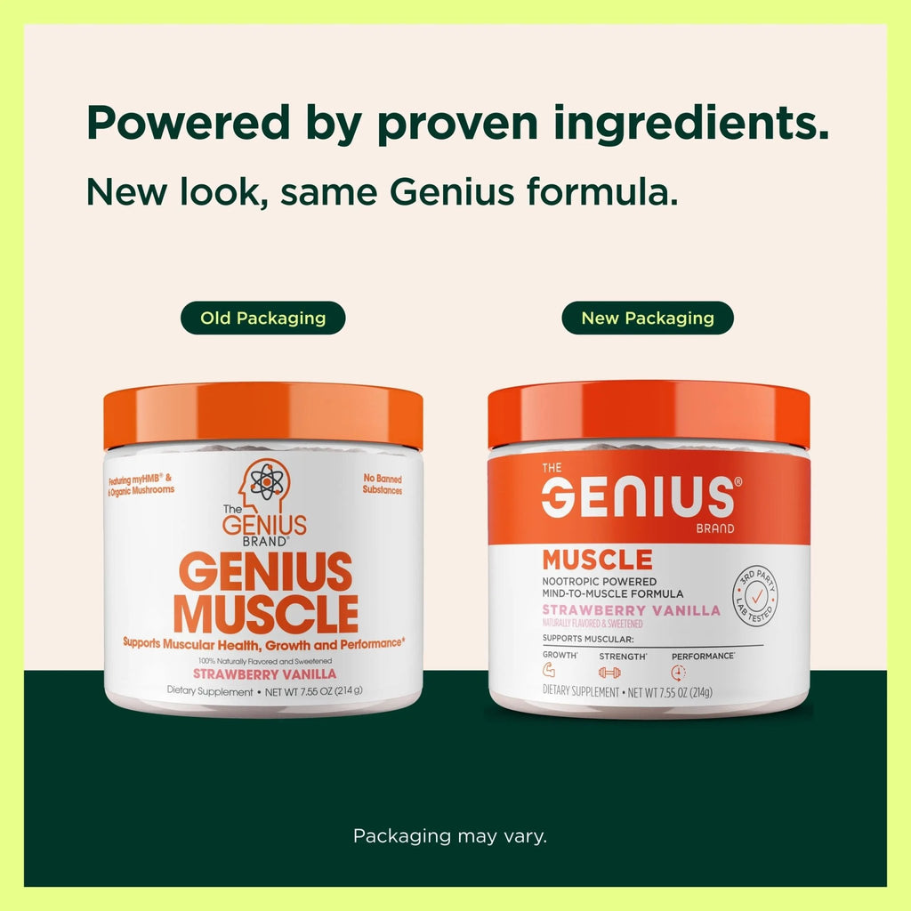 The Genius Brand Genius Muscle - Muscle Health Supplement for Growth, Endurance & Recovery - Non-Hormonal Formula - 6 Organic Mushrooms - Naturally-Sweetened - 30 Servings - Strawberry Vanilla - TrustMedUSA