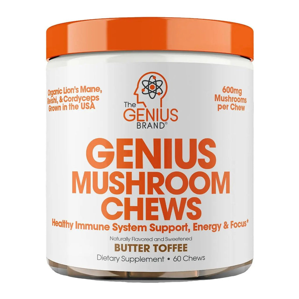 The Genius Brand Genius Mushroom - Plant-Based Supplement for Immune, Focus & Energy Support - Lion's Mane, Cordyceps & Reishi - Organic & Non-GMO - Butter Toffee - 60 Soft Chews - TrustMedUSA