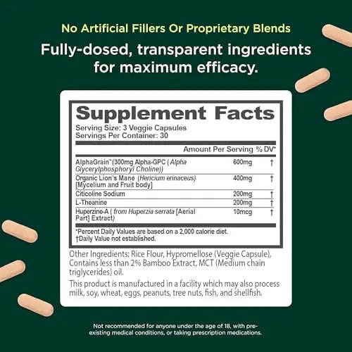 The Genius Brand Mood + Focus Nootropic – 400mg Organic Lion’s Mane, Alpha GPC & Citicoline – Memory & Focus Supplement – 30 Servings - TrustMedUSA