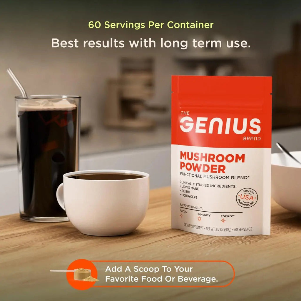 The Genius Brand Mushroom Powder - Includes Lion's Mane, Cordyceps & Reishi - Supports Brain Health, Immune System & Energy Levels - USDA Organic Mushroom Powder - 3.17 oz (60 Servings) - TrustMedUSA