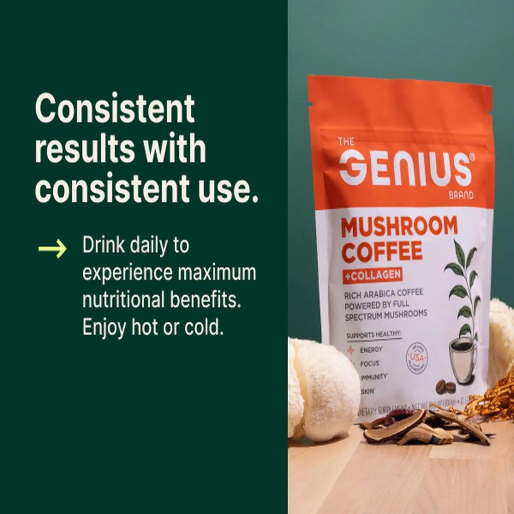 The Genius Brand Organic Mushroom Coffee + Collagen - Daily Energy Support - Healthy Immune Function - Arabica Coffee with Cordyceps, Reishi & Lion's Mane Mushroom Blend - 10.6 oz (30 Servings) - TrustMedUSA