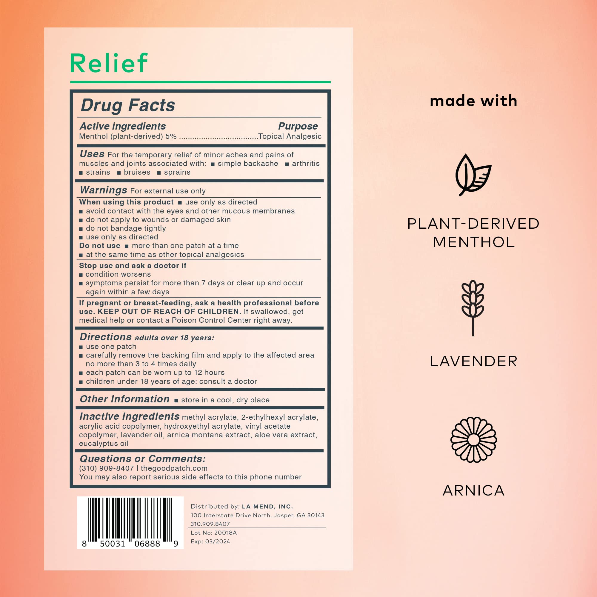 The Good Patch Muscle Pain Relief Patches, Natural Patch with Menthol, Lavender, Arnica and Aloe Vera, Sustained Release, Plant Powered Wearable Wellness, For Back, Neck, Arms, Legs (16 Total Patches) - TrustMedUSA