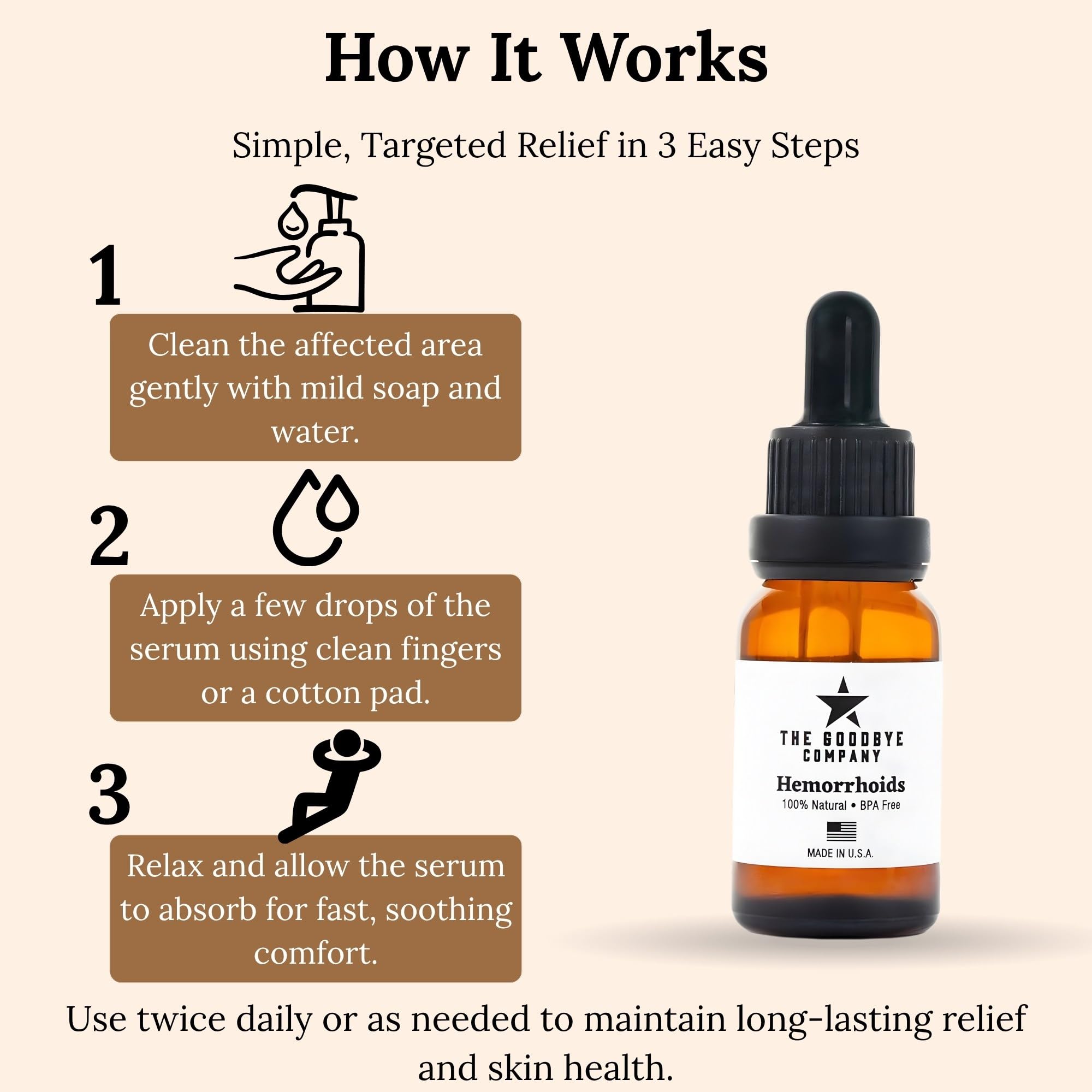 The Goodbye Company Organic Hemorrhoid Relief Serum - Natural Witch Hazel Treatment for Pain, Itch & Swelling - Internal External Soothing Formula - Vegan, USA Made, 15mL - TrustMedUSA