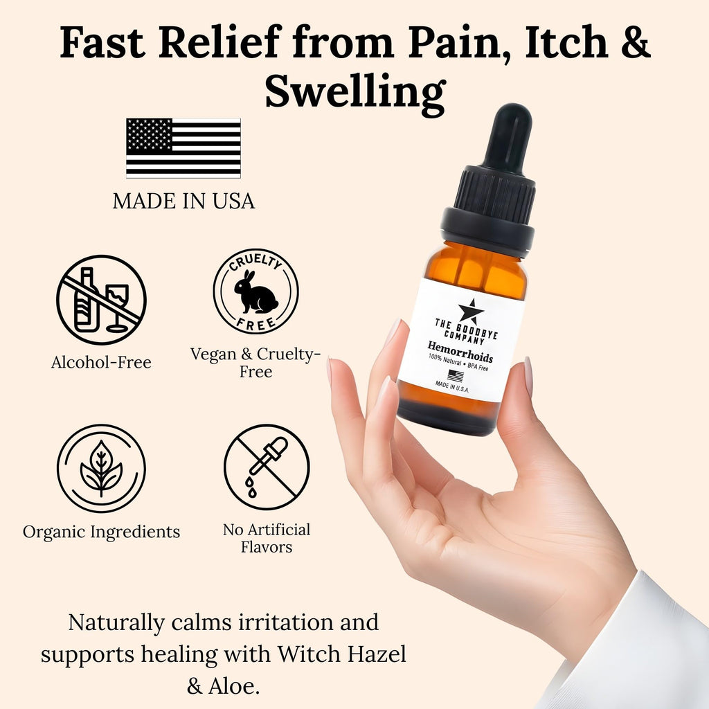 The Goodbye Company Organic Hemorrhoid Relief Serum - Natural Witch Hazel Treatment for Pain, Itch & Swelling - Internal External Soothing Formula - Vegan, USA Made, 15mL - TrustMedUSA