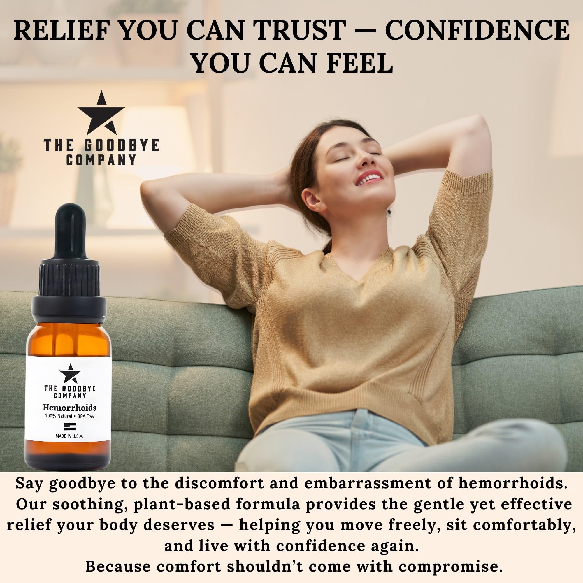The Goodbye Company Organic Hemorrhoid Relief Serum - Natural Witch Hazel Treatment for Pain, Itch & Swelling - Internal External Soothing Formula - Vegan, USA Made, 15mL - TrustMedUSA