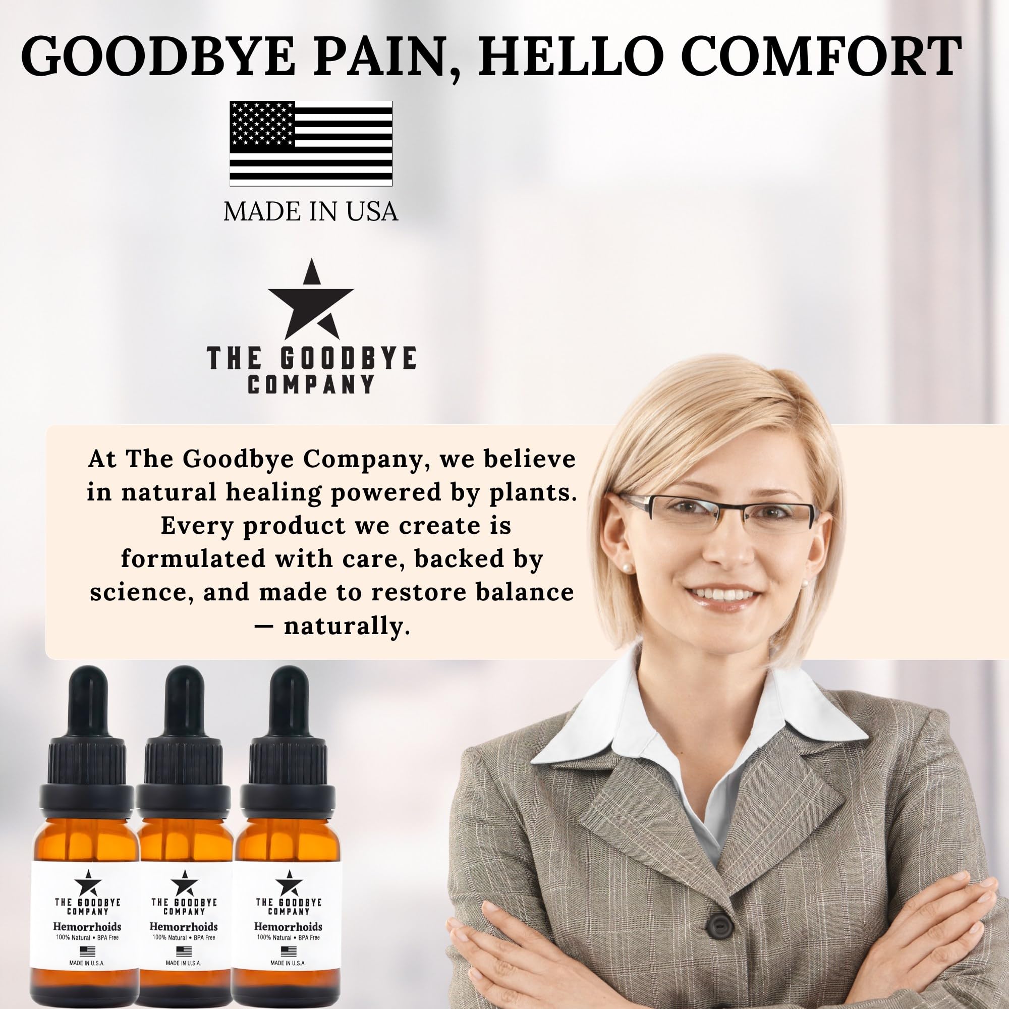 The Goodbye Company Organic Hemorrhoid Relief Serum - Natural Witch Hazel Treatment for Pain, Itch & Swelling - Internal External Soothing Formula - Vegan, USA Made, 15mL - TrustMedUSA