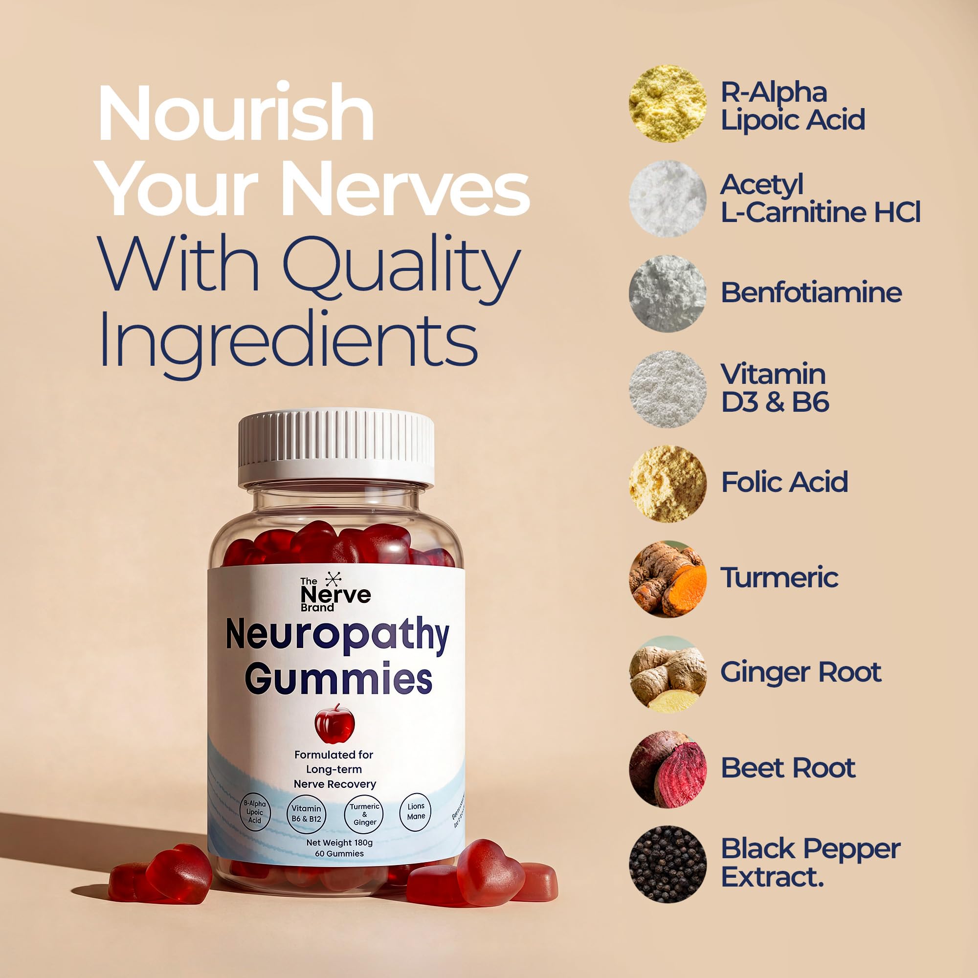 The Nerve Brand Neuropathy Support Gummies, 600 mg R Alpha Lipoic Acid Gummies with B1 B6 B12 and Lion’s Mane, Sugar Free Daily Nerve Health Supplement, 30 Day Supply - TrustMedUSA