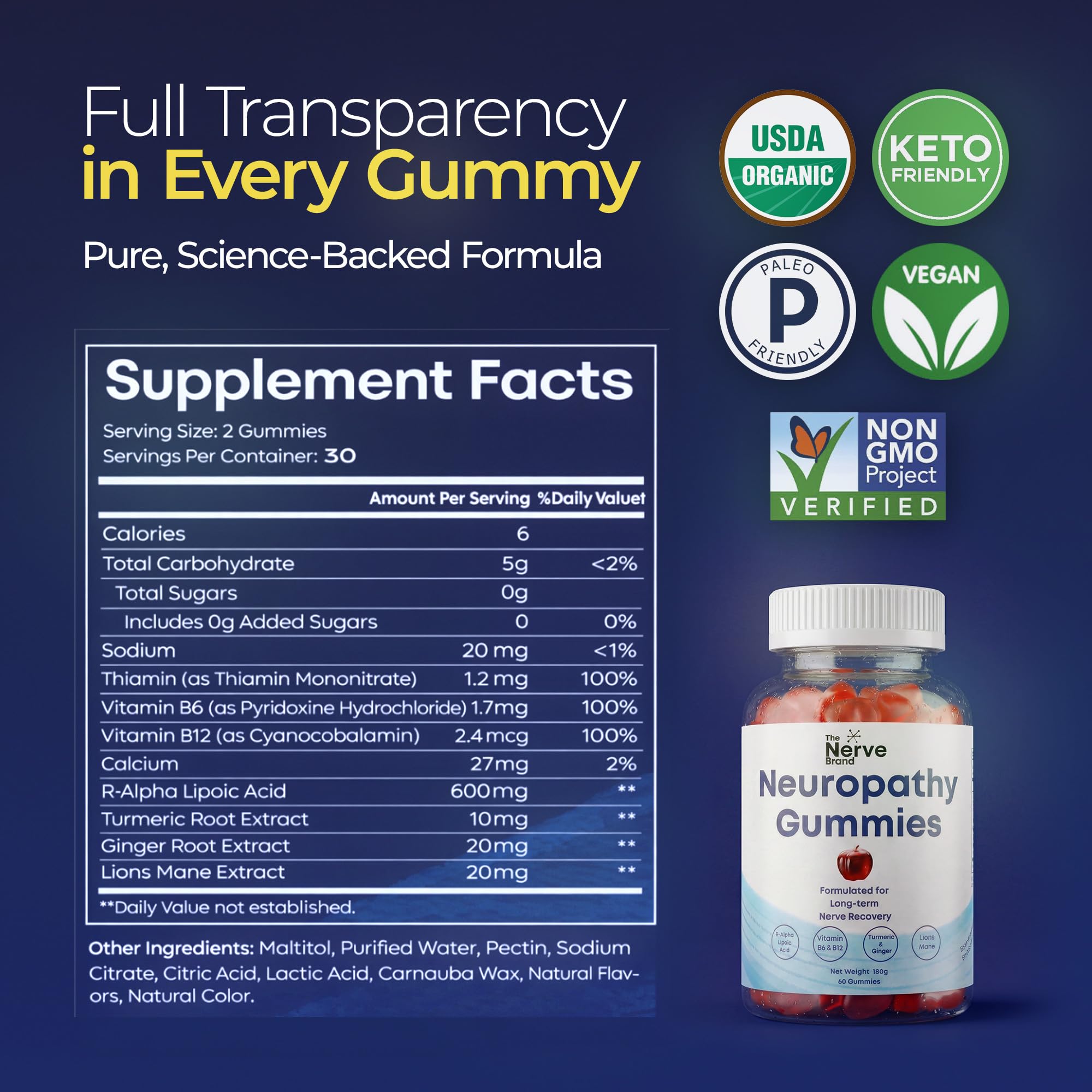 The Nerve Brand Neuropathy Support Gummies, 600 mg R Alpha Lipoic Acid Gummies with B1 B6 B12 and Lion’s Mane, Sugar Free Daily Nerve Health Supplement, 30 Day Supply - TrustMedUSA