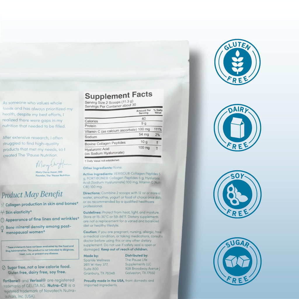The 'Pause Life Skin & Bone, Verisol & Fortibone Collagen Peptides, Powder Formula with Hyaluronic Acid and Vitamin C, Gluten Free Supplement, Skin, Nails & Hair Support, Unflavored, Easy to Mix 12 OZ - Maple Wellness Supplements