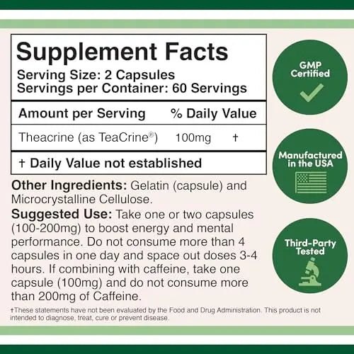 Theacrine (Teacrine) 100 Mg, 60 Capsules - Energy and Focus Supplement (Similar to Caffe - TrustMedUSA