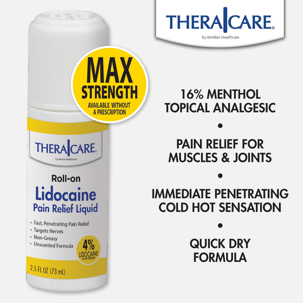 TheraCare 4% Lidocaine Roll-On | OTC Strength | Pain Relief Liquid | 2.5 oz. 73 mL | Non-Greasy, Unscented Formula | Topical Anesthetic - TrustMedUSA
