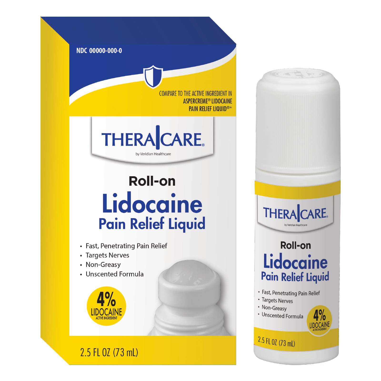 TheraCare 4% Lidocaine Roll-On | OTC Strength | Pain Relief Liquid | 2.5 oz. 73 mL | Non-Greasy, Unscented Formula | Topical Anesthetic - TrustMedUSA