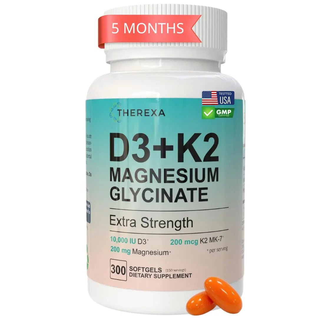 THEREXA Vitamin D3 K2 Magnesium Supplement - Extra Strength with 10000 IU Vitamin D3, Magnesium Glycinate and 200 mcg K2 MK-7 Vitamin Supplements Complex, for Women & Men - 300 Softgels - TrustMedUSA