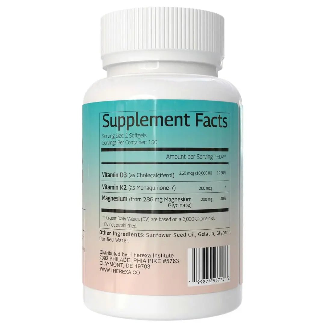 THEREXA Vitamin D3 K2 Magnesium Supplement - Extra Strength with 10000 IU Vitamin D3, Magnesium Glycinate and 200 mcg K2 MK-7 Vitamin Supplements Complex, for Women & Men - 300 Softgels - TrustMedUSA