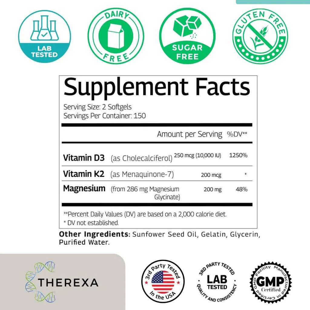 THEREXA Vitamin D3 K2 Magnesium Supplement - Extra Strength with 10000 IU Vitamin D3, Magnesium Glycinate and 200 mcg K2 MK-7 Vitamin Supplements Complex, for Women & Men - 300 Softgels - TrustMedUSA