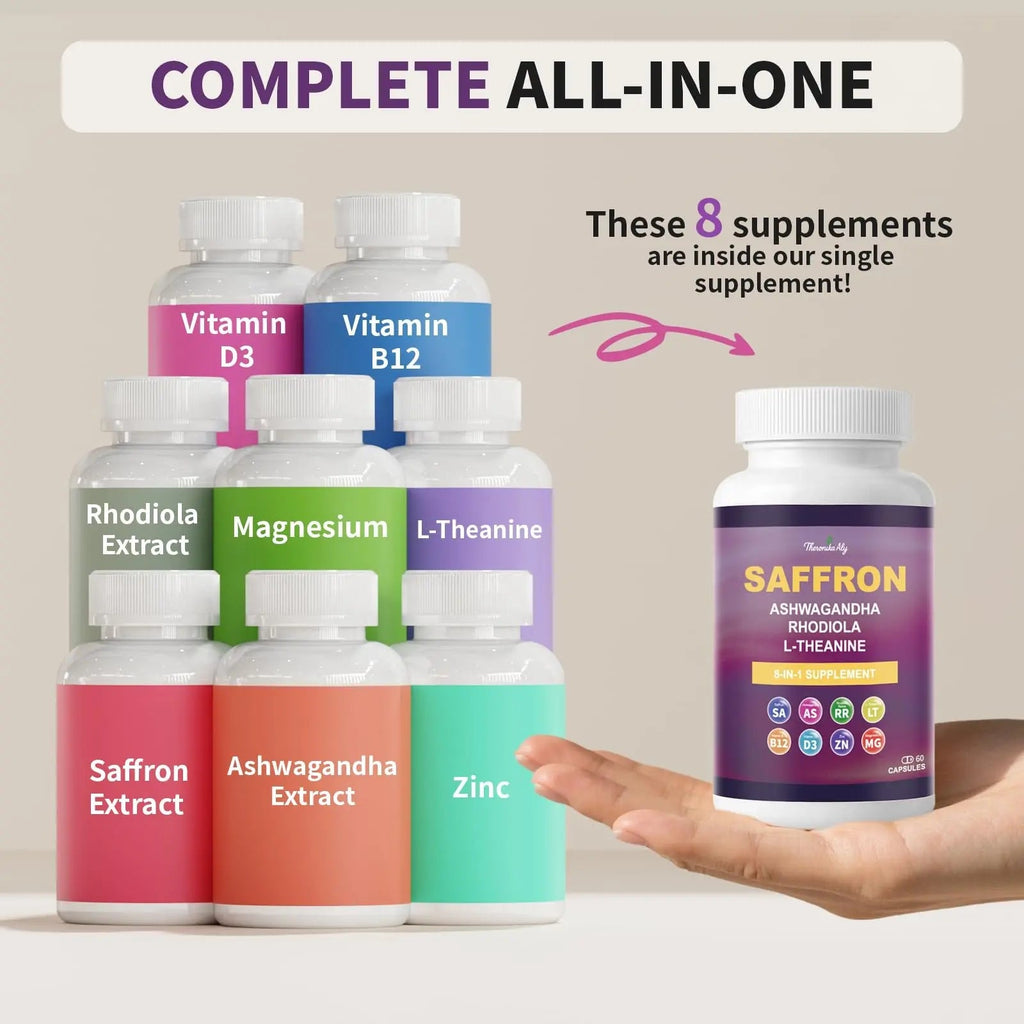 Theronika Aly Saffron Supplements – Blend with Ashwagandha, Safron, Rhodiola, Magnesium, L-Theanine, Zinc & B12, 88.5 mg Pure Saffron Extract Capsules Mood, Energy, Vision & Focus – 60 Vegan Capsules - TrustMedUSA