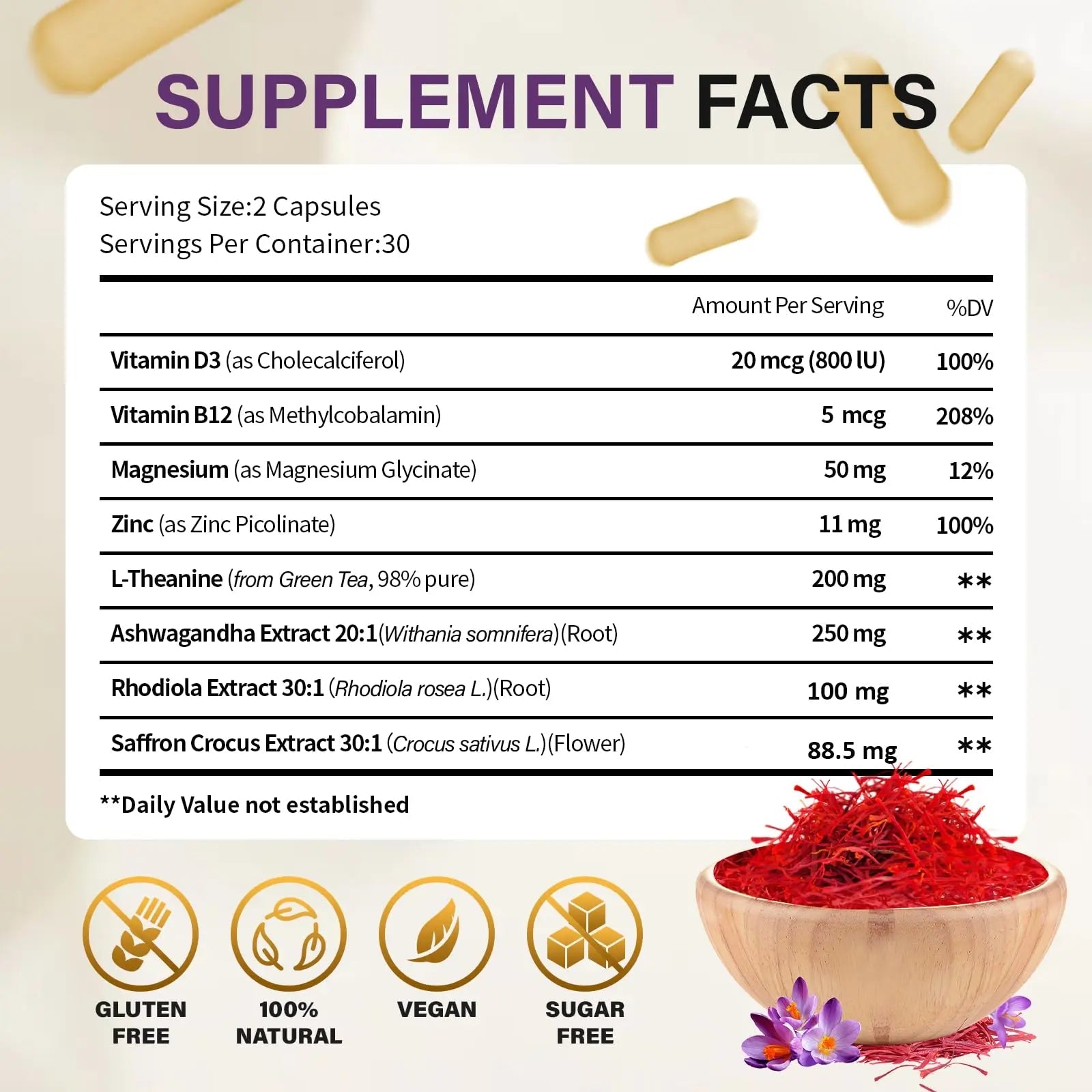 Theronika Aly Saffron Supplements – Blend with Ashwagandha, Safron, Rhodiola, Magnesium, L-Theanine, Zinc & B12, 88.5 mg Pure Saffron Extract Capsules Mood, Energy, Vision & Focus – 60 Vegan Capsules - TrustMedUSA