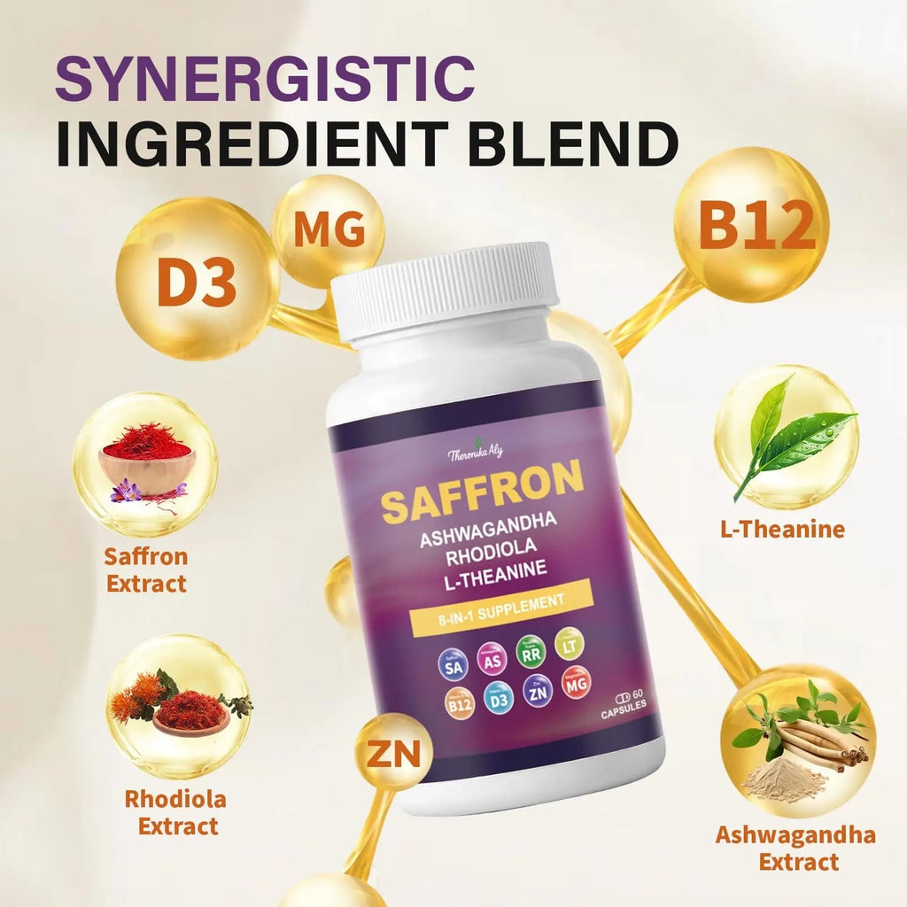 Theronika Aly Saffron Supplements – Blend with Ashwagandha, Safron, Rhodiola, Magnesium, L-Theanine, Zinc & B12, 88.5 mg Pure Saffron Extract Capsules Mood, Energy, Vision & Focus – 60 Vegan Capsules - TrustMedUSA