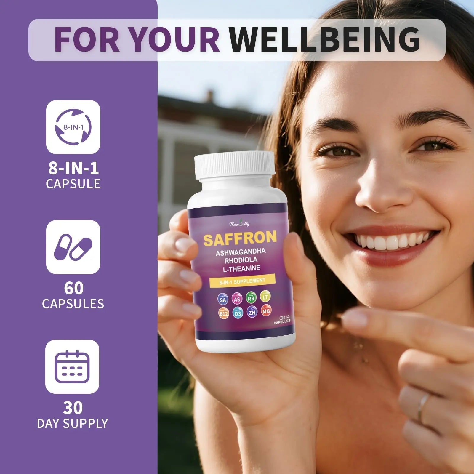 Theronika Aly Saffron Supplements – Blend with Ashwagandha, Safron, Rhodiola, Magnesium, L-Theanine, Zinc & B12, 88.5 mg Pure Saffron Extract Capsules Mood, Energy, Vision & Focus – 60 Vegan Capsules - TrustMedUSA