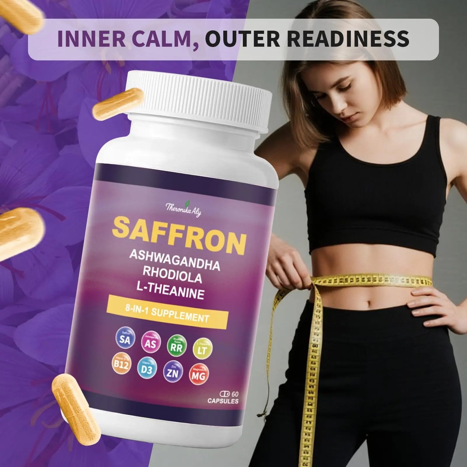 Theronika Aly Saffron Supplements – Blend with Ashwagandha, Safron, Rhodiola, Magnesium, L-Theanine, Zinc & B12, 88.5 mg Pure Saffron Extract Capsules Mood, Energy, Vision & Focus – 60 Vegan Capsules - TrustMedUSA
