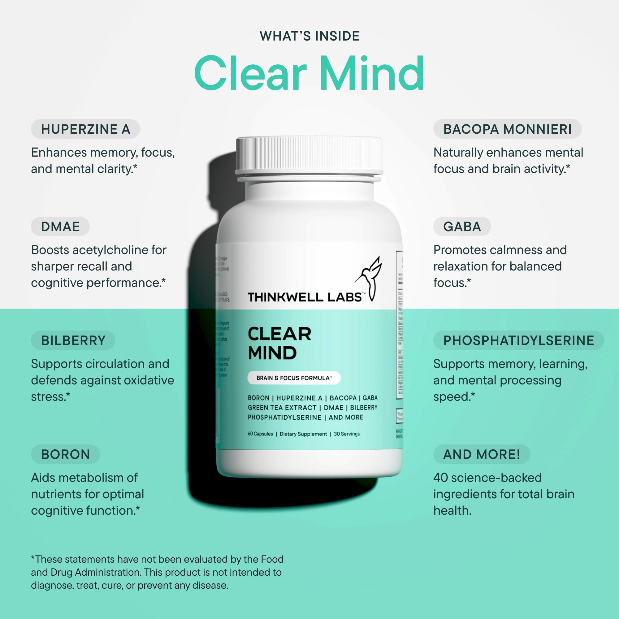 THINKWELL LABS Brain Supplements for Memory and Focus for Women and Men, Focus Supplement, Memory Supplement for Brain, Nootropic with Boron, Huperzine A, Phosphatidylserine (40-in-1, 60 Capsules) - TrustMedUSA
