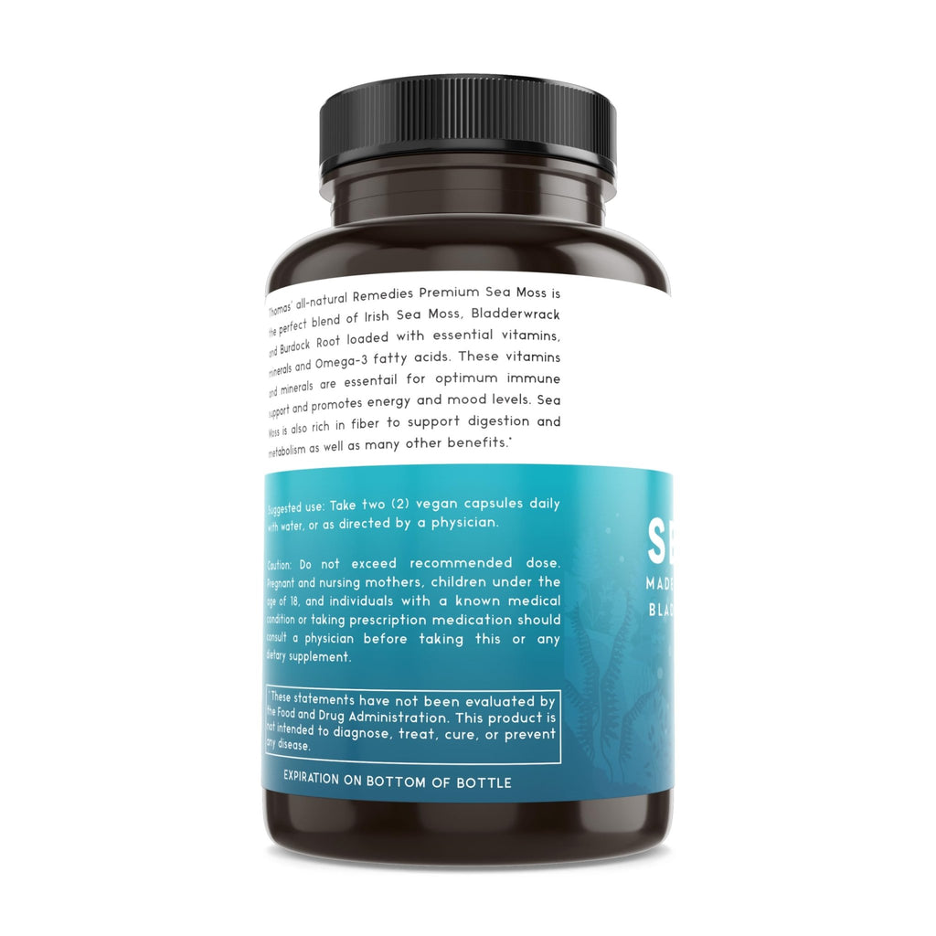 Thomas' all-natural Remedies Irish Sea Moss Capsules, Sea Moss with Bladderwrack & Burdock Root Organic for Gut Health, Digestion, Energy & Immune Support, 120 Seamoss Pills - TrustMedUSA