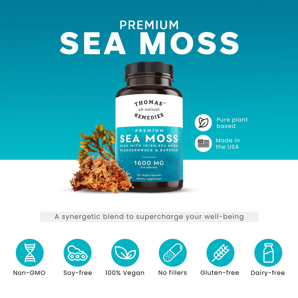 Thomas' all-natural Remedies Irish Sea Moss Capsules, Sea Moss with Bladderwrack & Burdock Root Organic for Gut Health, Digestion, Energy & Immune Support, 120 Seamoss Pills - TrustMedUSA