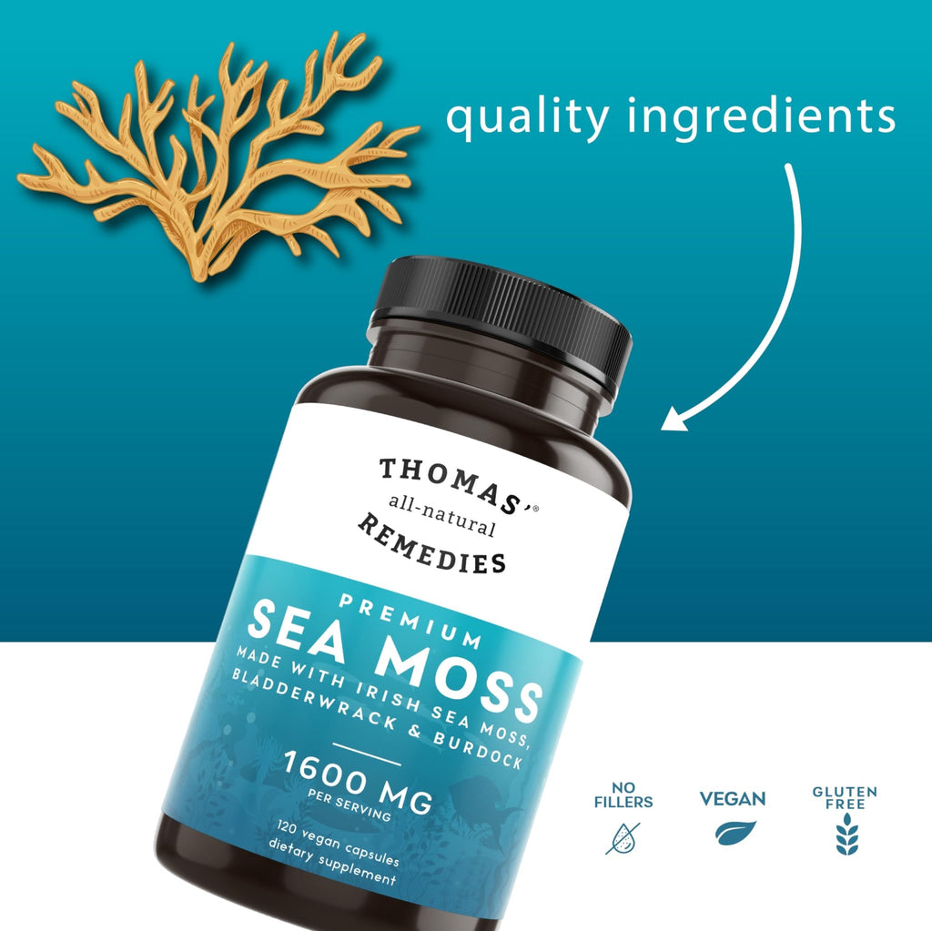 Thomas' all-natural Remedies Irish Sea Moss Capsules, Sea Moss with Bladderwrack & Burdock Root Organic for Gut Health, Digestion, Energy & Immune Support, 120 Seamoss Pills - TrustMedUSA
