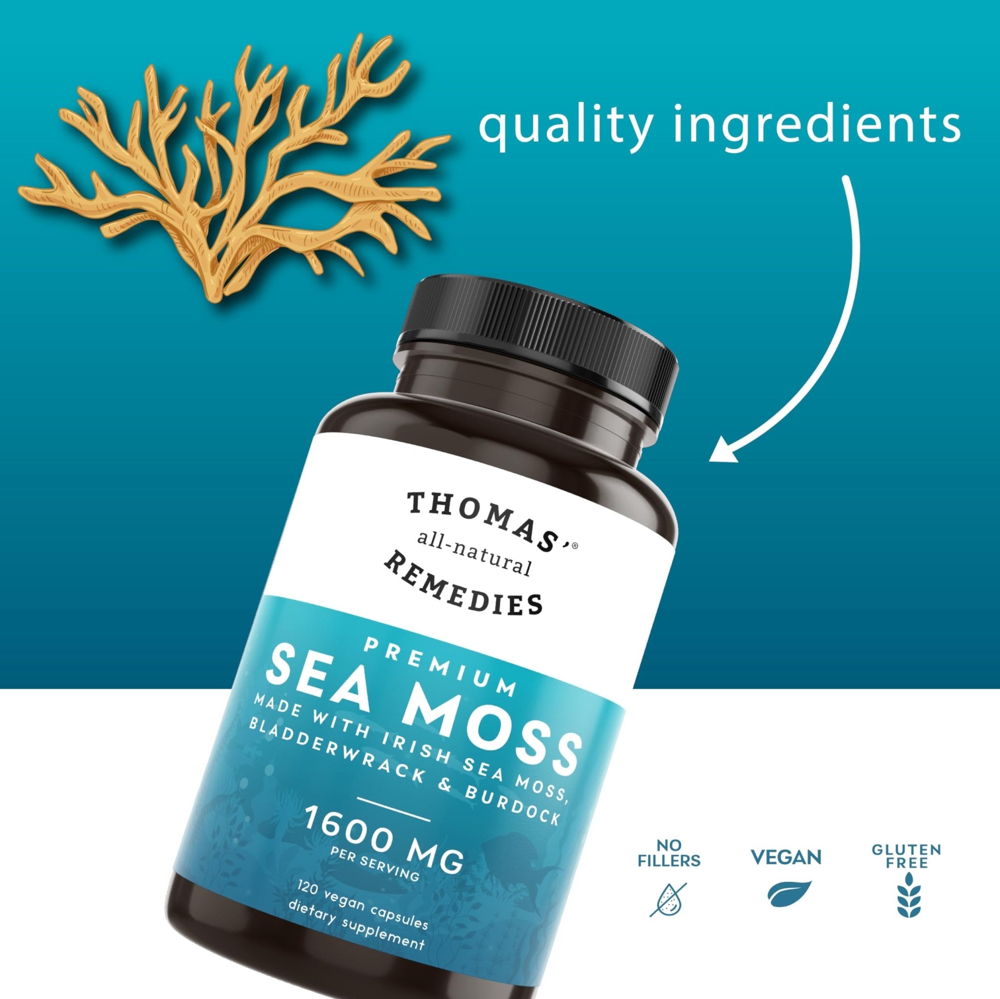 Thomas' all-natural Remedies Irish Sea Moss Capsules, Sea Moss with Bladderwrack & Burdock Root Organic for Gut Health, Digestion, Energy & Immune Support, 120 Seamoss Pills - TrustMedUSA