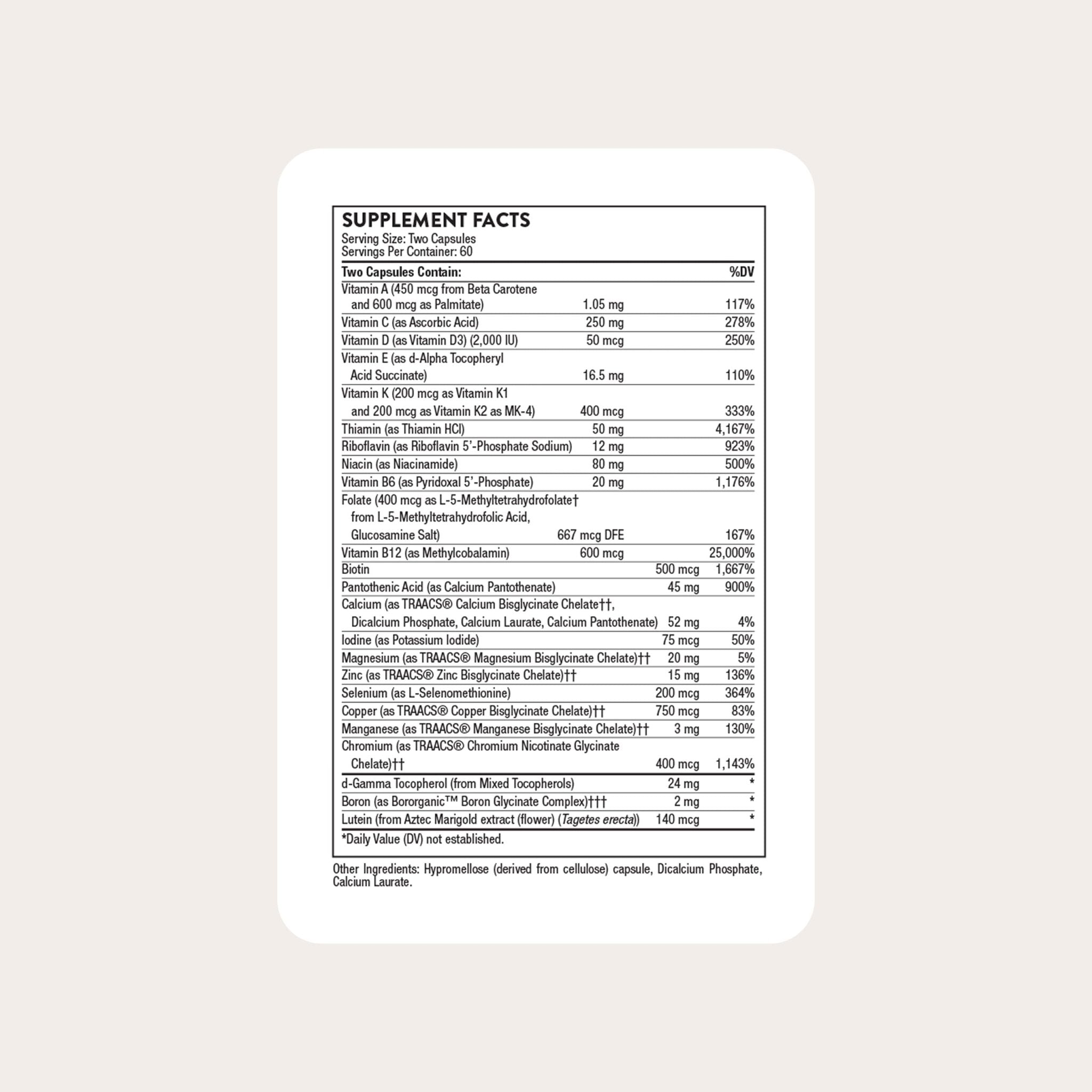 THORNE - Basic Nutrients 2/Day - Comprehensive Daily Multi-Vitamin with Optimal Bioavailability - Vitamin & Mineral Formula - Third-Party Certified - Gluten, Dairy & Soy-Free - 120 Capsules - TrustMedUSA