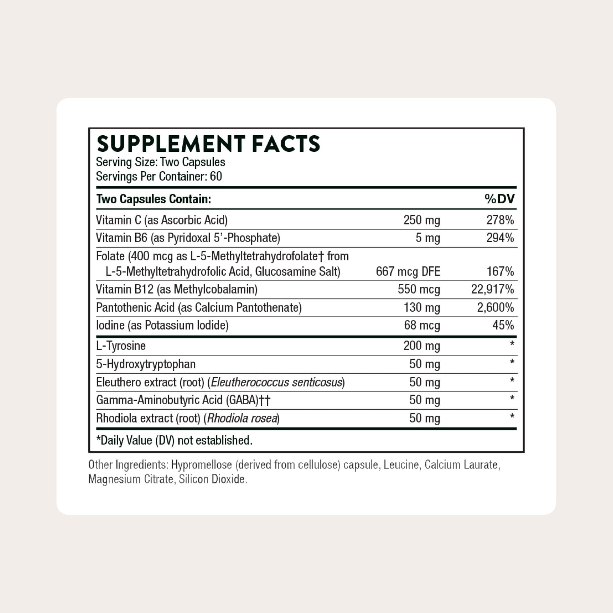 THORNE - Emotion Balance Support - Supports Mood & Stress Management* - Vitamins B6, B12 & C, 5-HTP, GABA, Rhodiola, Folate (5-MTHF) & L-Tyrosine - Third-Party Certified - Gluten-Free - 120 Capsules - TrustMedUSA