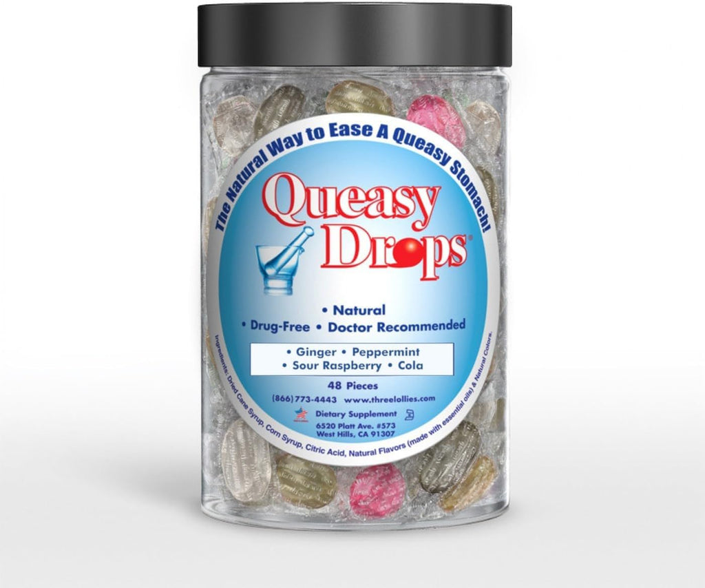 Three Lollies Queasy Drops- Supports Motion Sickness Relief. Also Pregnancy & Morning Sickness Relief. Stomach Settle Drops Assorted 48 Count - Maple Wellness Supplements