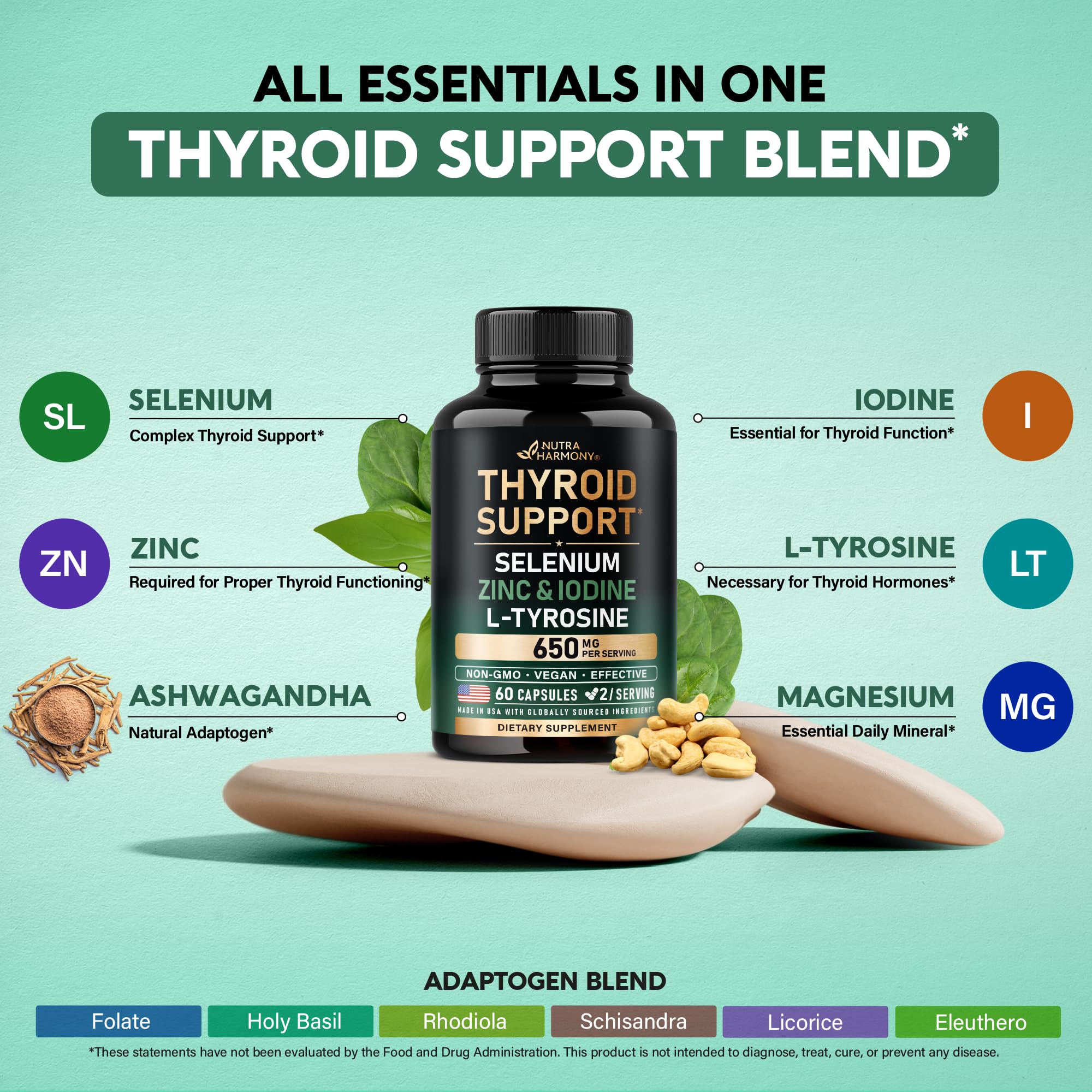 Thyroid Support for Women - Selenium 200 mcg | Astragalus | Zinc & Iodine | L-Tyrosine | Adaptogen Herbs - 21-in-1 Antioxidant & Immune Support - Made in USA - Vegan, Non-GMO, Lab Tested - 60 Capsules - TrustMedUSA