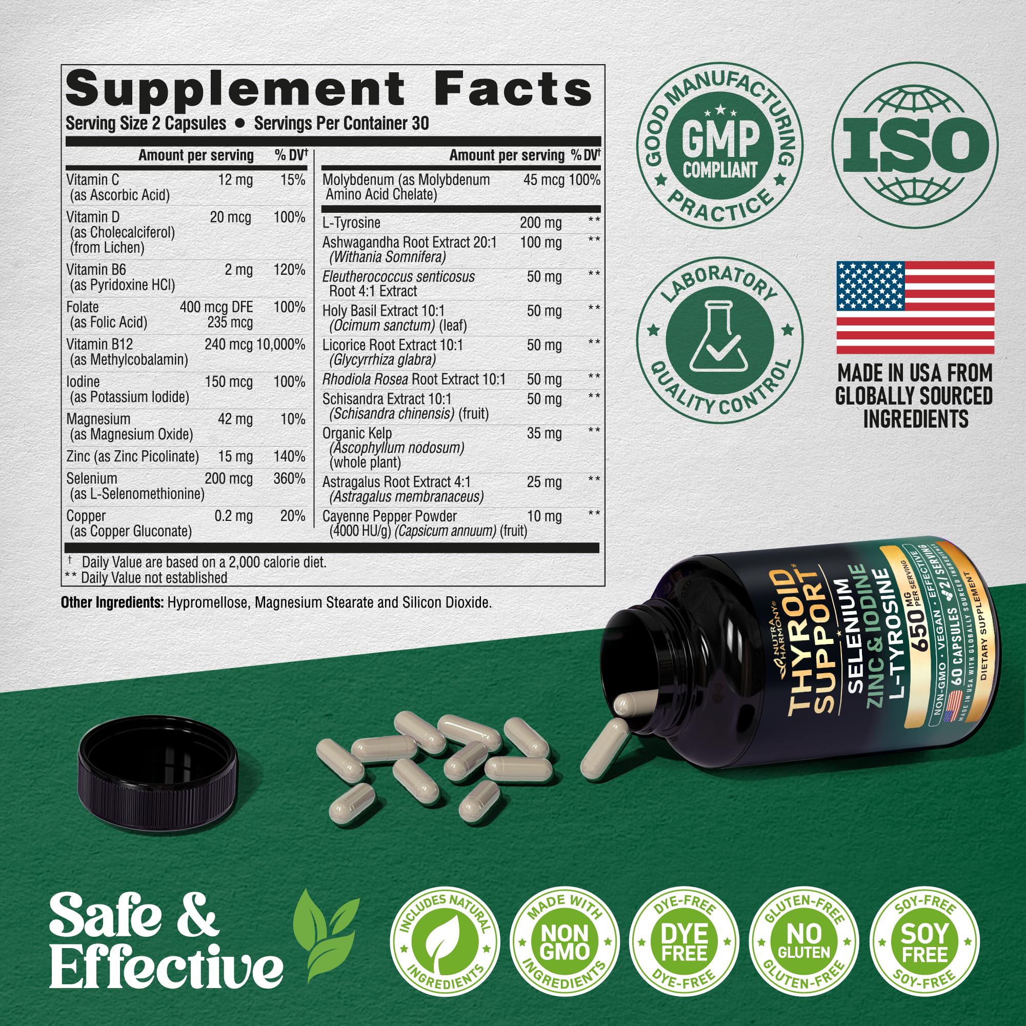Thyroid Support for Women - Selenium 200 mcg | Astragalus | Zinc & Iodine | L-Tyrosine | Adaptogen Herbs - 21-in-1 Antioxidant & Immune Support - Made in USA - Vegan, Non-GMO, Lab Tested - 60 Capsules - TrustMedUSA