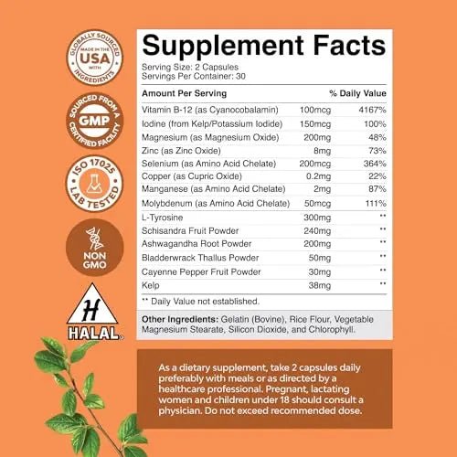 Thyroid Support Natural Complex Supplement Capsules with Vitamin B-12 - TrustMedUSA