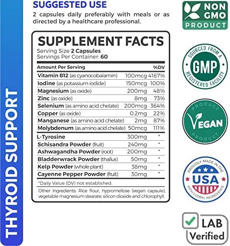 Thyroid Support with Iodine - 120 Capsules (Non-GMO) - TrustMedUSA