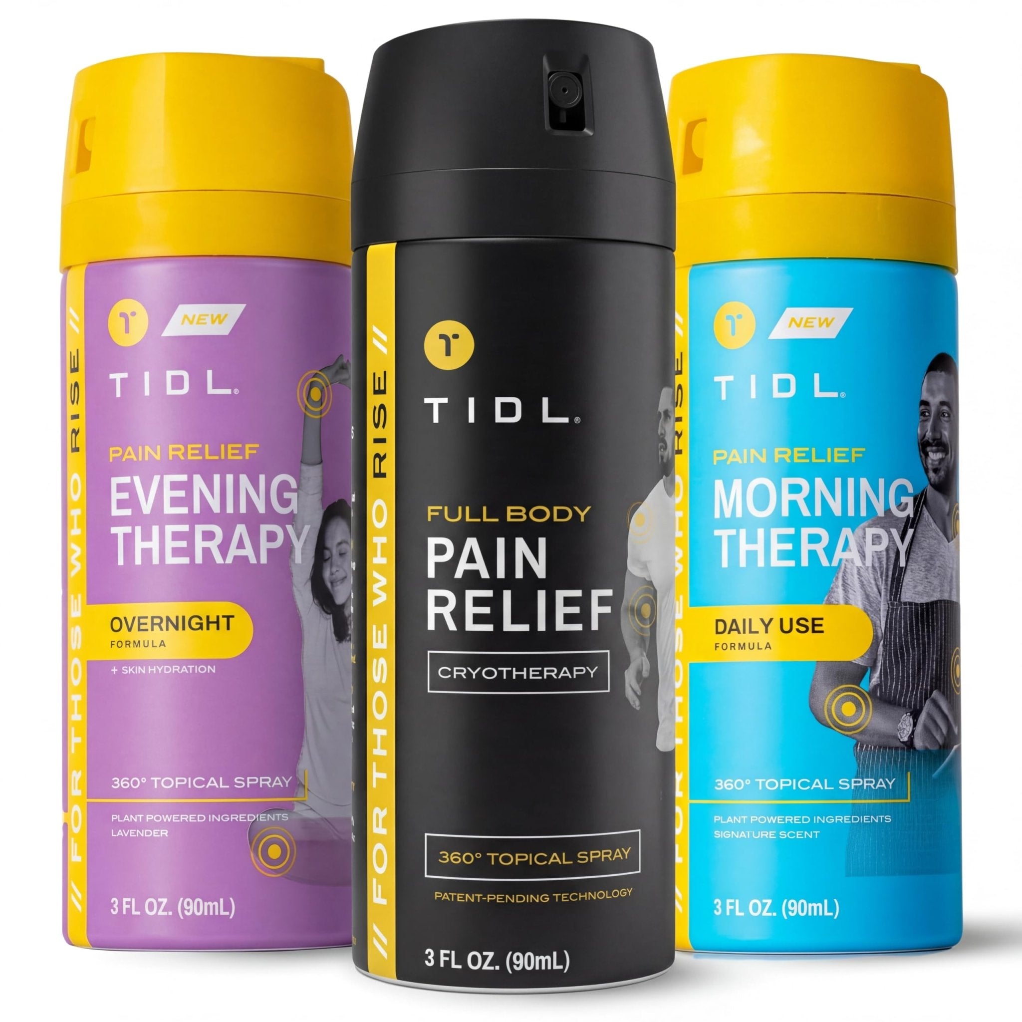 TIDL Pain Relief Spray Bundle – Morning, Cryotherapy & Evening Therapy – 3 x 3oz Sprays for Muscle, Joint, Neck, Back & Knee Pain Relief – Plant-Based Menthol Day & Night Care - TrustMedUSA