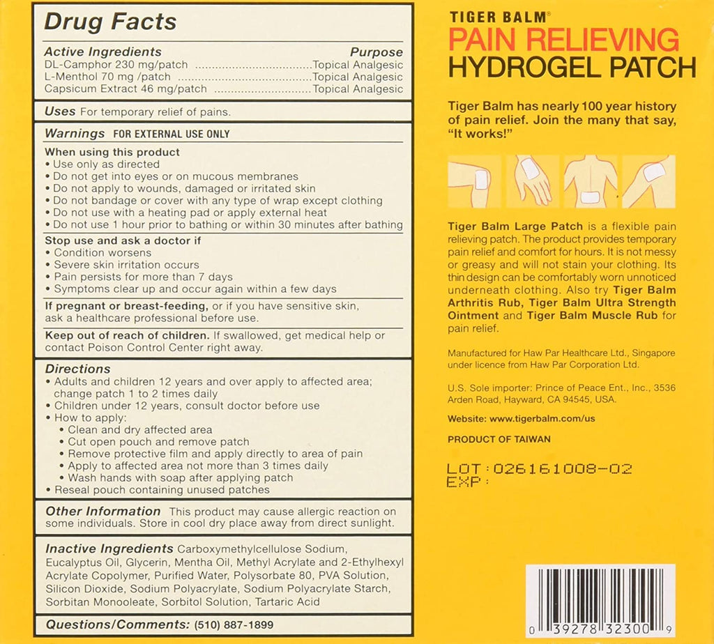 Tiger Balm Pain Relieving Patch, Large 4 Each, 4 Count, Pack of 2 - TrustMedUSA