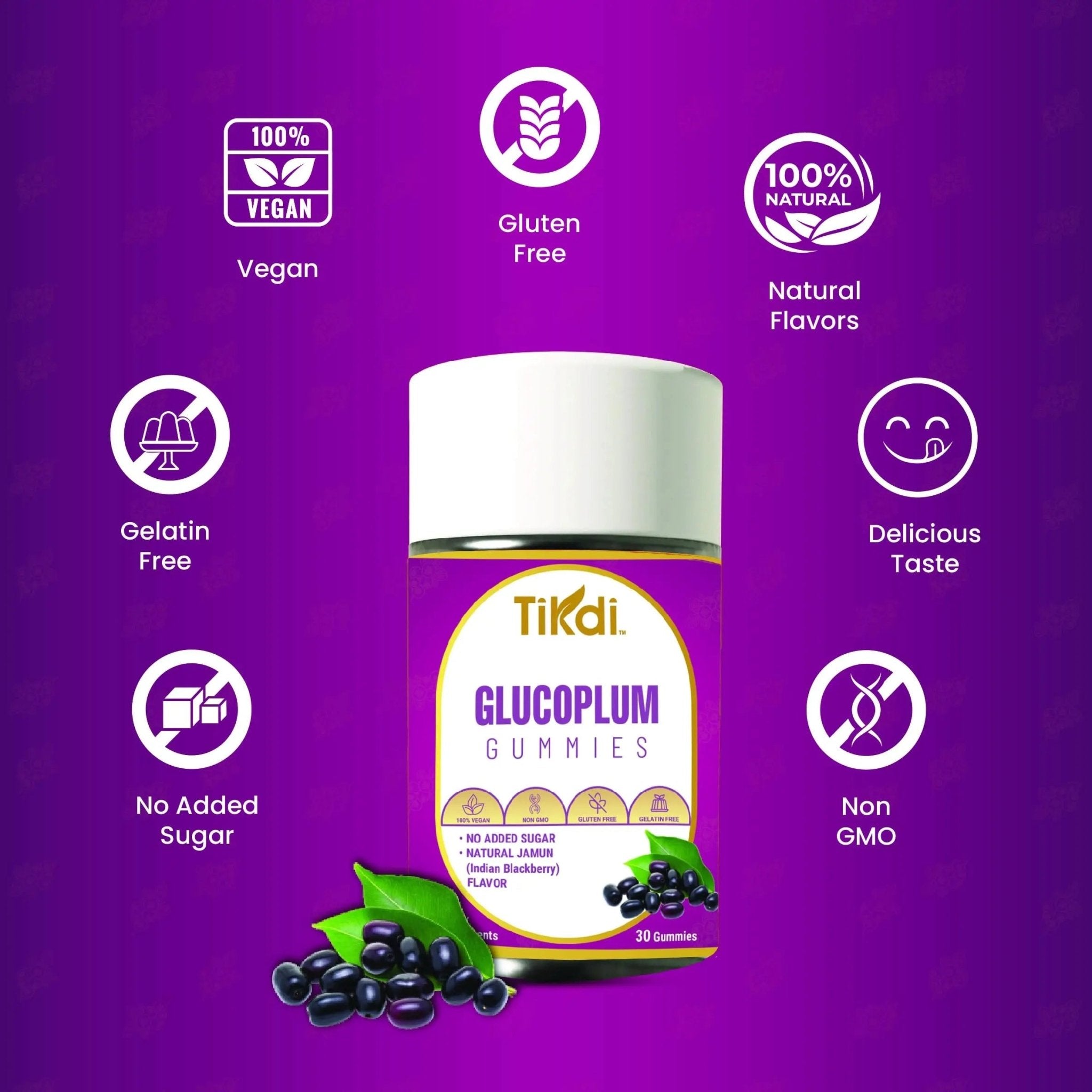 TIKDI GlucoPlum Gummy - 30 Count - Supports Healthy Blood Sugar Levels Already Within Normal Range. All Natural with Indian BlackBerry, Fenugreek, Cinnamon, Vegan, No Added Sugar - TrustMedUSA