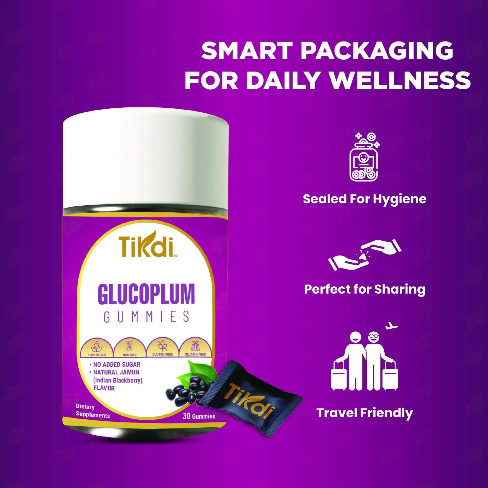 TIKDI GlucoPlum Gummy - 30 Count - Supports Healthy Blood Sugar Levels Already Within Normal Range. All Natural with Indian BlackBerry, Fenugreek, Cinnamon, Vegan, No Added Sugar - TrustMedUSA