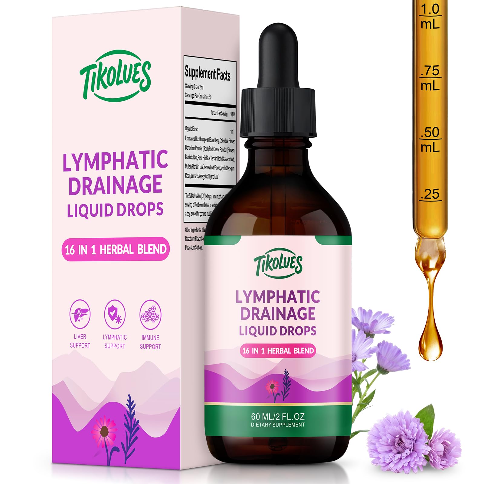 TIKOLUES Lymphatic Drainage Drops | Organic Lymphatic Cleanse Immune Support Supplement | Lymphatic Support with Echinacea & Elderberry | Herbal Blend | Non-GMO | 2 Fl Oz - Maple Wellness Supplements
