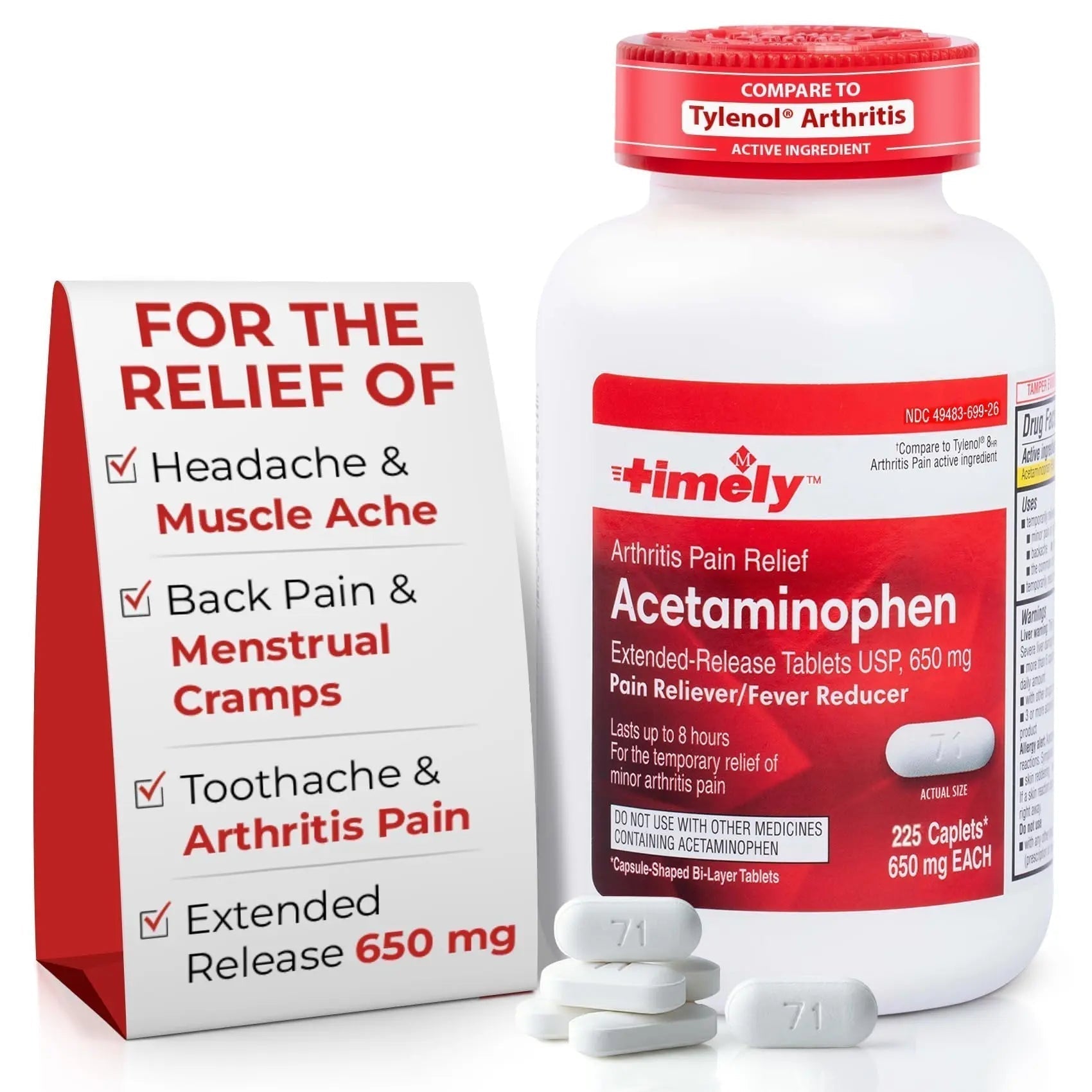 TIME-Cap Labs 225 Caplets Extended Release Acetaminophen 650mg - Pain Reliever & Fever Reducer for Adults, Helps with Headaches, Backaches, Muscle Pain, Toothaches & Menstrual Cramps - TrustMedUSA