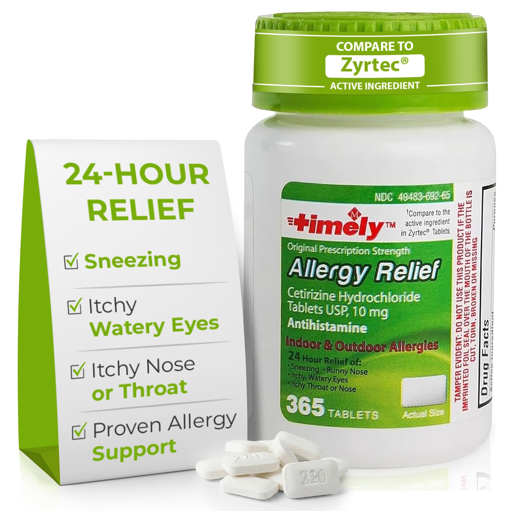 TIME-Cap Labs 365 Tablets Cetirizine HCl 10mg Allergy Relief - Antihistamine for Adults & Children Age 6+, Helps Relieve Sneezing, Runny Nose, Itchy Watery Eyes & Itchy Throat - Maple Wellness Supplements