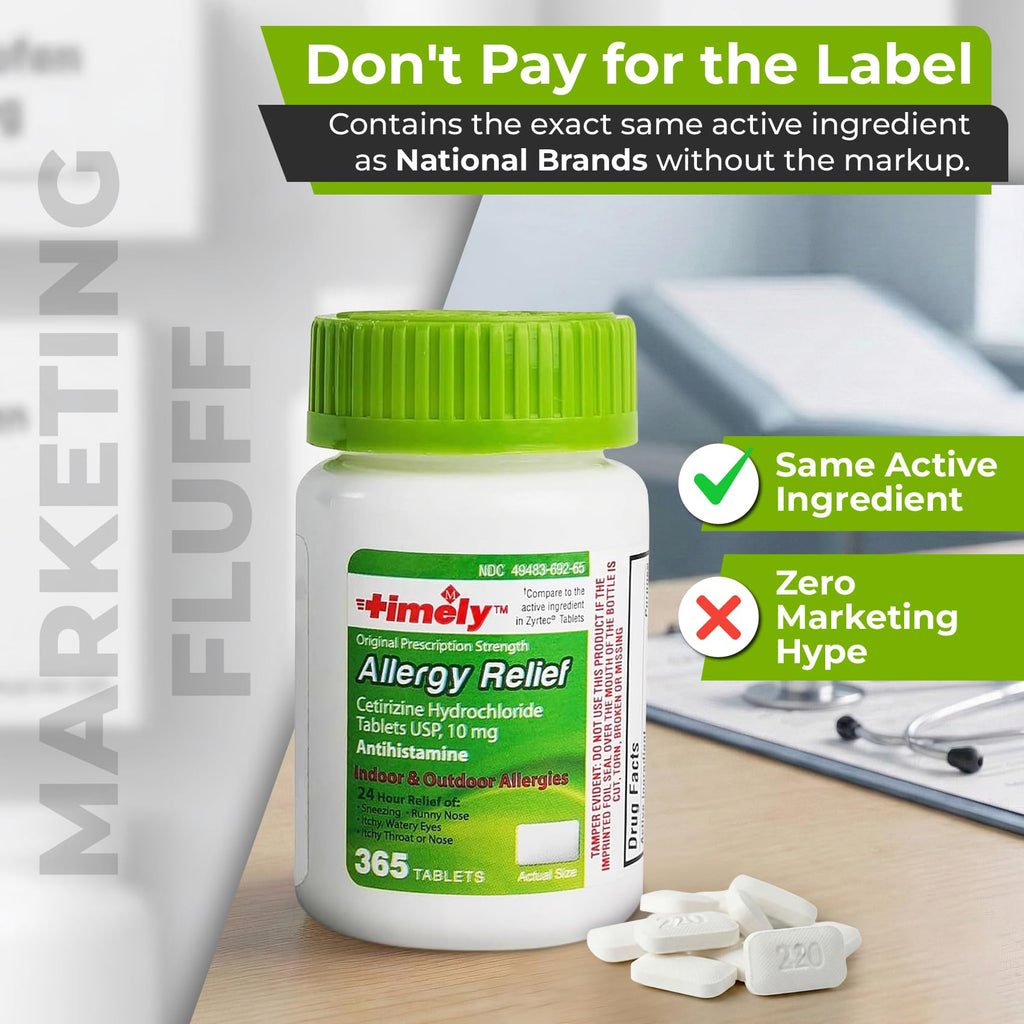 TIME-Cap Labs 365 Tablets Cetirizine HCl 10mg Allergy Relief - Antihistamine for Adults & Children Age 6+, Helps Relieve Sneezing, Runny Nose, Itchy Watery Eyes & Itchy Throat - Maple Wellness Supplements