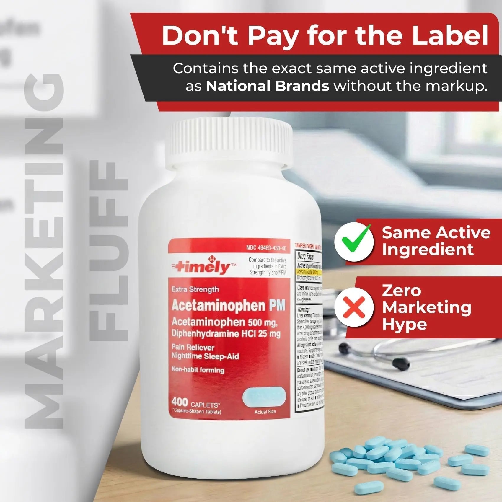 TIME-Cap Labs 400 Caplets Extra Strength Acetaminophen 500mg PM & Diphenhydramine HCl 25mg - PM Pain Reliever & Sleep Aid, Helps with Occasional Headaches & Minor Aches & Pains - TrustMedUSA
