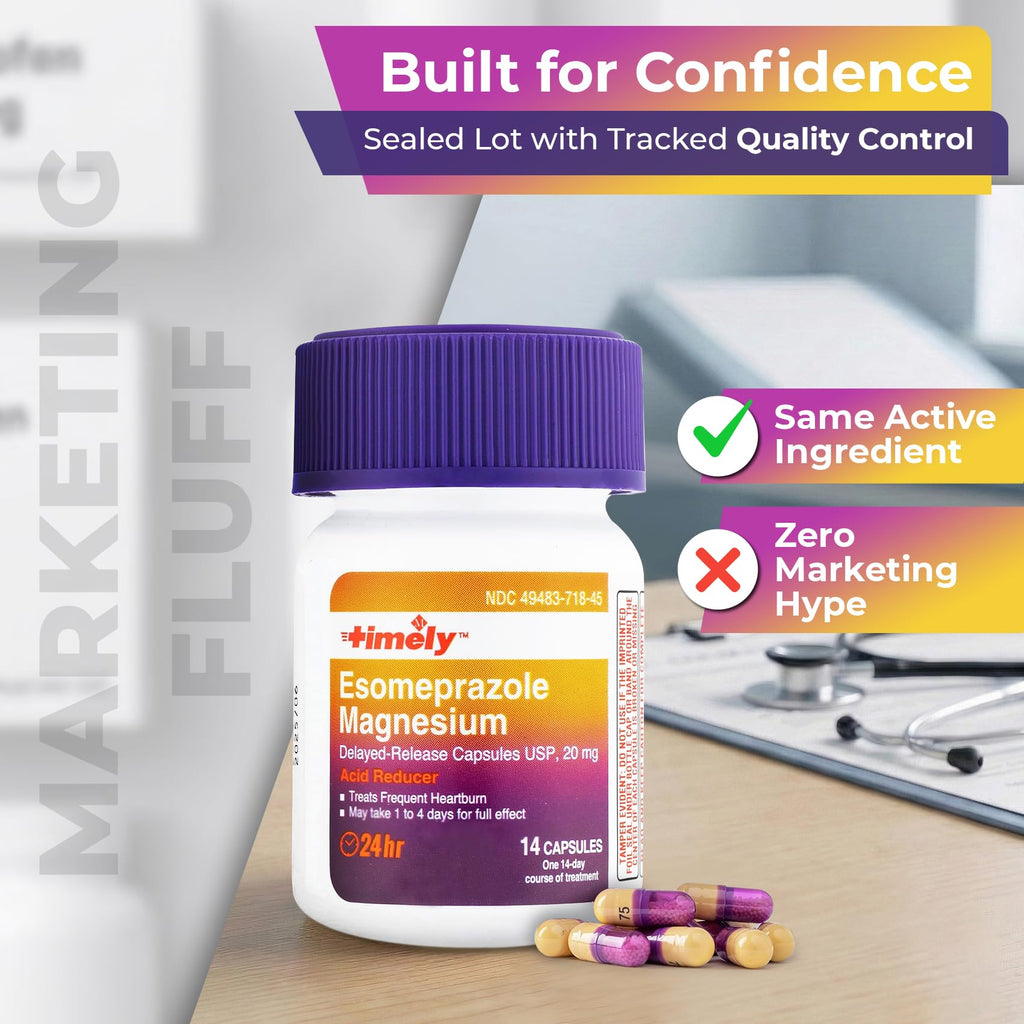 TIME-Cap Labs 42 Capsules Esomeprazole Magnesium 20mg Delayed Release - Acid Reducer & Frequent Heartburn Relief for Adults, Helps with Acid Reflux & Heartburn - Maple Wellness Supplements