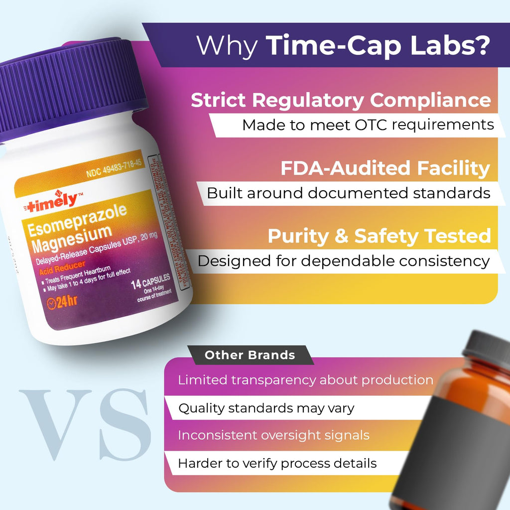 TIME-Cap Labs 42 Capsules Esomeprazole Magnesium 20mg Delayed Release - Acid Reducer & Frequent Heartburn Relief for Adults, Helps with Acid Reflux & Heartburn - Maple Wellness Supplements