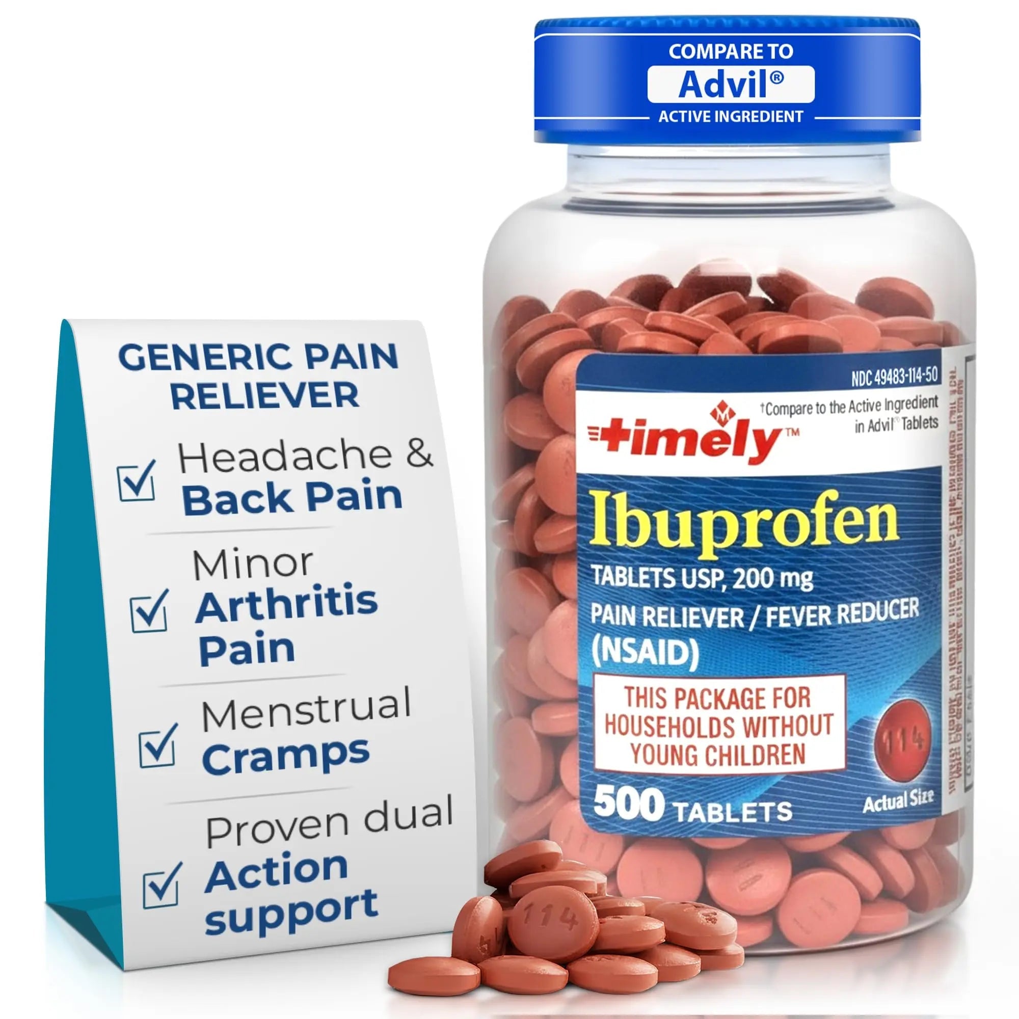 TIME-Cap Labs 500 Tablets Ibuprofen 200mg Coated - Pain Reliever & Fever Reducer (NSAID) for Adults, Helps with Headache, Back Pain, Muscle Aches, Toothaches, Menstrual Cramps & Minor Arthritis Pain - TrustMedUSA