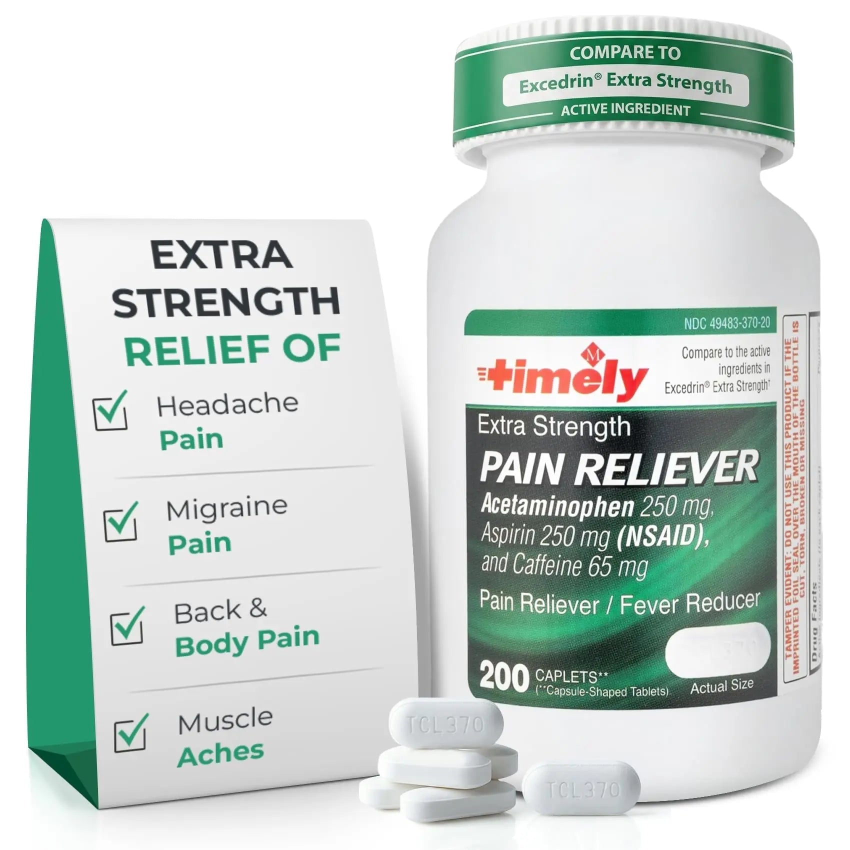 TIME-Cap Labs Extra Strength Acetaminophen 250mg with Aspirin 250mg & Caffeine 65mg Caplets - Triple Action Pain Reliever for Migraines & Headache Relief, Muscle Aches & Body Pain (200 Count) - TrustMedUSA