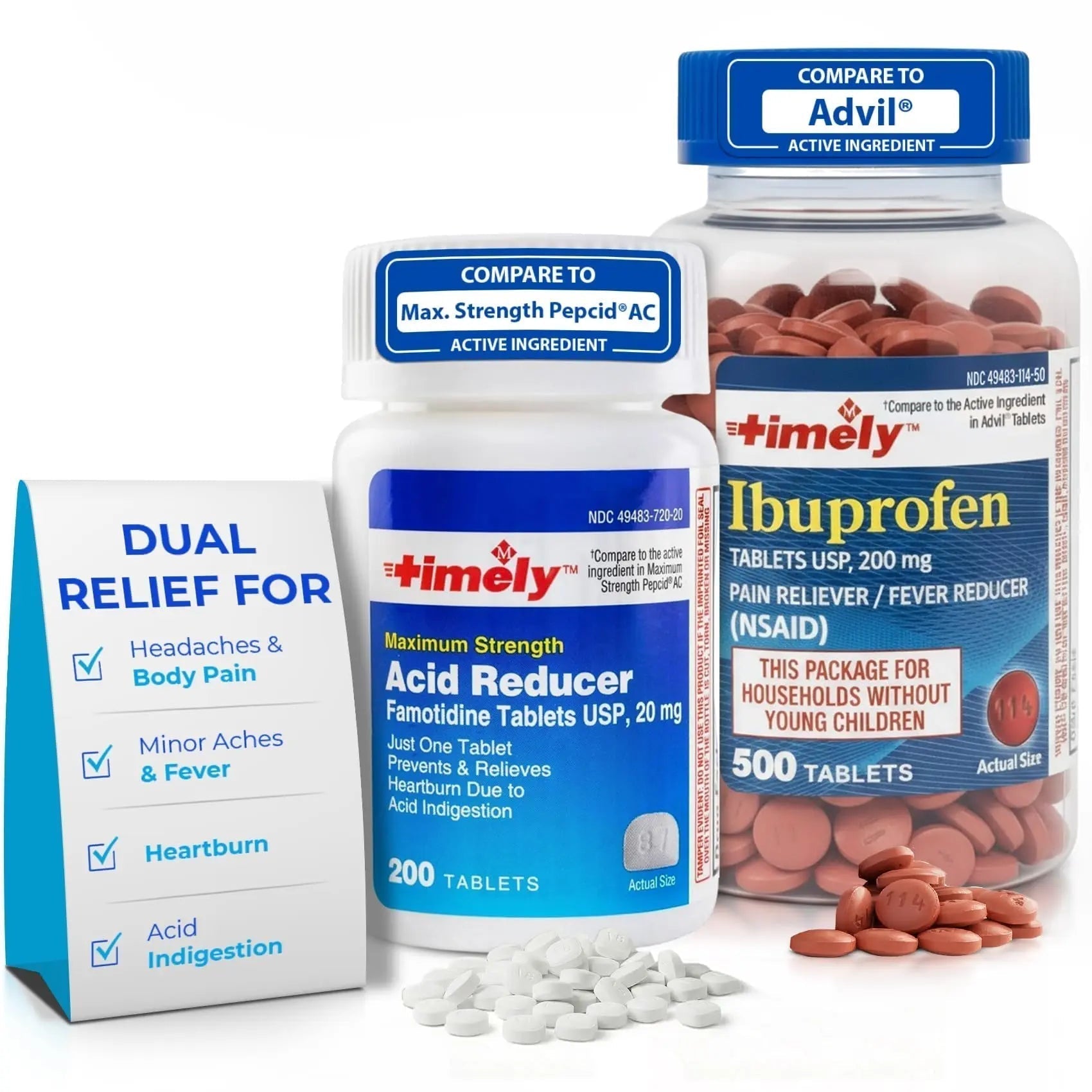 TIME-Cap Labs Ibuprofen 200mg (500 Tablets) & Famotidine 20mg Acid Reducer (200 Tablets) Bundle - Fever, Pain Reliever Pills for Headaches & Heartburn Relief Medicine for Acid Reflux & Indigestion - TrustMedUSA